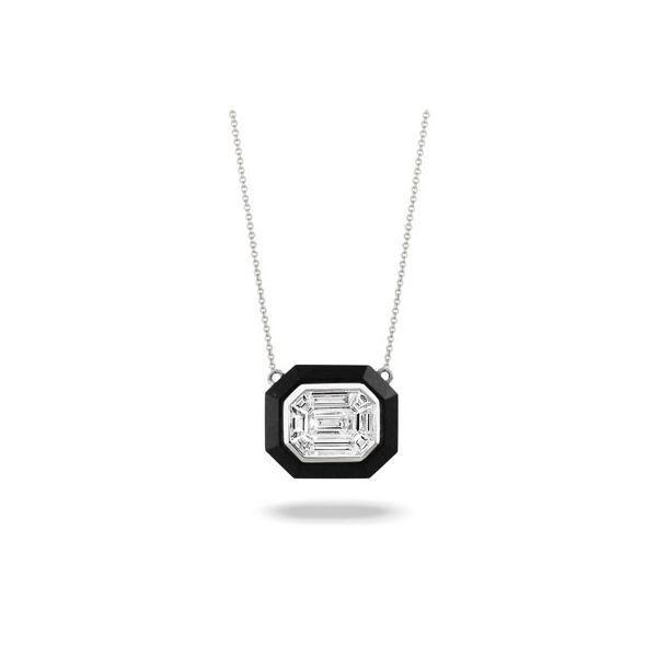 18K WHITE GOLD INVISIBLE SET DIAMOND NECKLACE WITH BLACK ONYX Mystique Jewelers Alexandria, VA