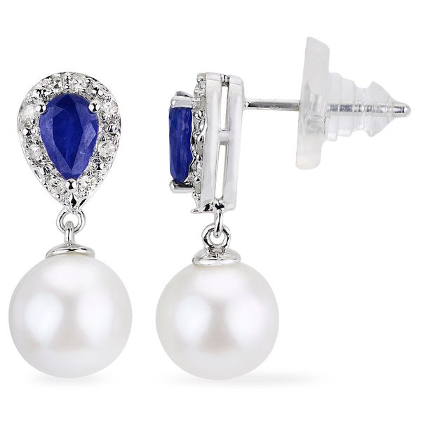 14KW 8-8.5MM FW CULTURED PEARL and Pear-Shaped BLUE SAPPHIRE & DIAMOND .128 CARAT TOTAL WEIGHT EARRING. For further descripti