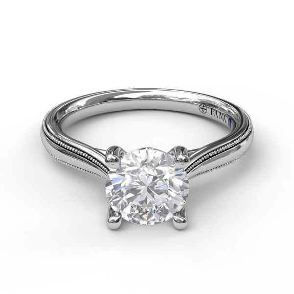 White Gold Round Cut Solitaire With Milgrain-Edged Band