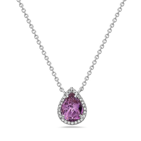 Your February birthstone never looked so beautiful!!  This 1.05 carat pear-shaped amethyst is surrounded by 26 round diamonds