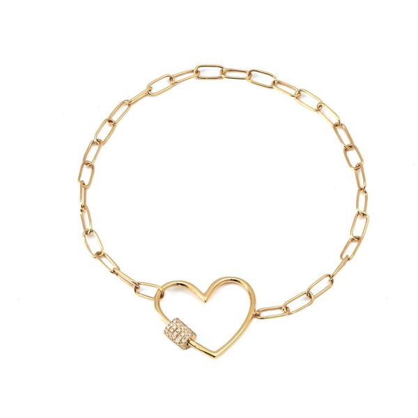 14 kt Yellow Gold Fashion Single Micro Pave Diamond Bracelet on a paperclip chain with a screw clasp open heart accented with