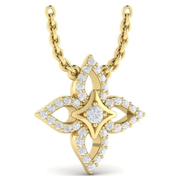 So stunning, so feminine!! We love this necklace!!  This 14 kt floral-inspired pendant with chain features .24 carat diamond 