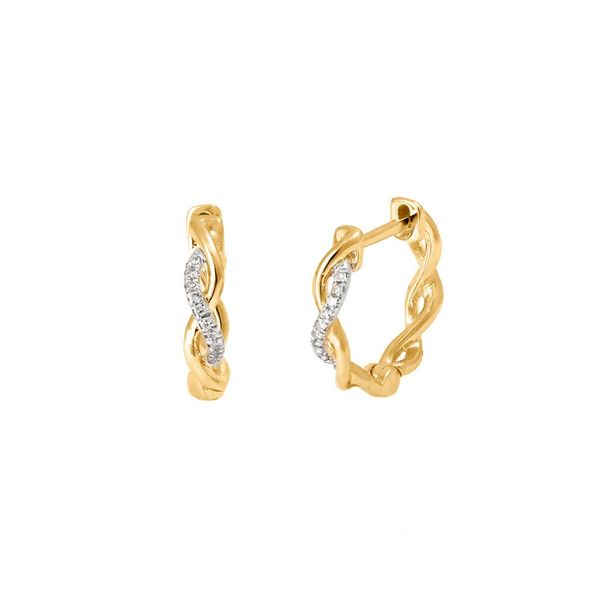 14 kt Yellow Gold 12 mm Diamond Huggie Twist Hoop Earrings featuring 0.05 carat diamond weight. Please text 601-264-1764 for 