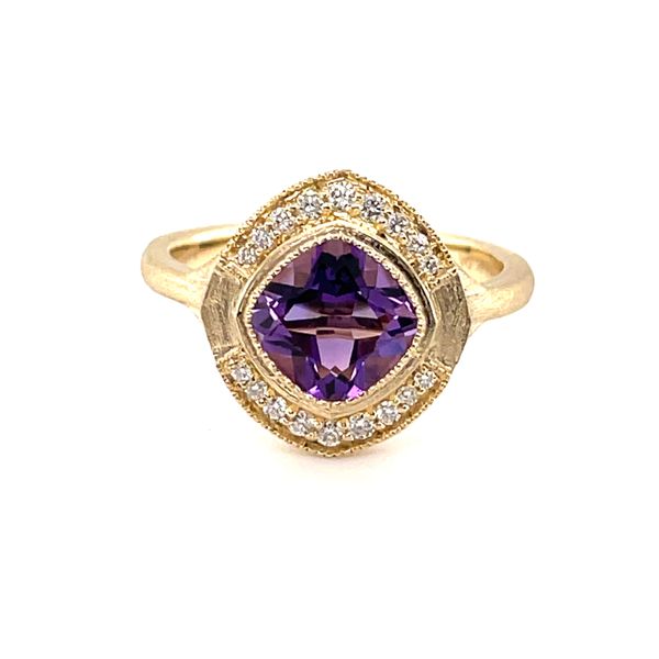 We love this ring and it's the perfect February birthstone ring.  The 1.62 carat cushion-shaped amethyst is accented by .14 c