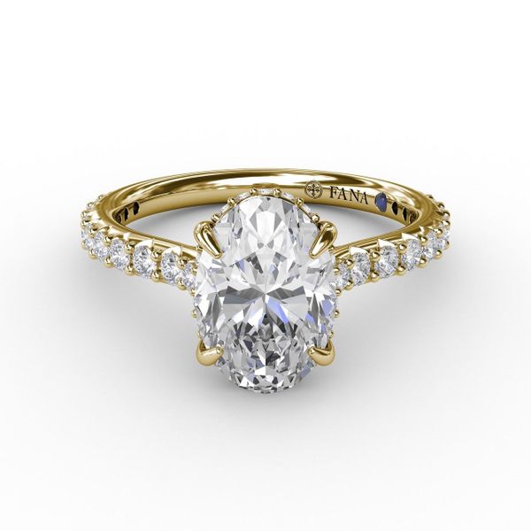 Yellow Gold Classic Oval Diamond Engagement Ring With Hidden Pavé Halo