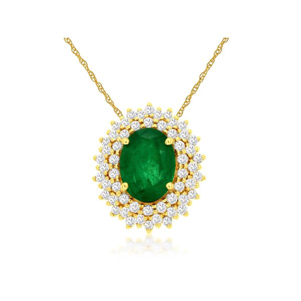 So OBSESSED with this necklace!!  The 1.10 oval emerald is surrounded by a double halo of .33 total diamond weight.  This gor