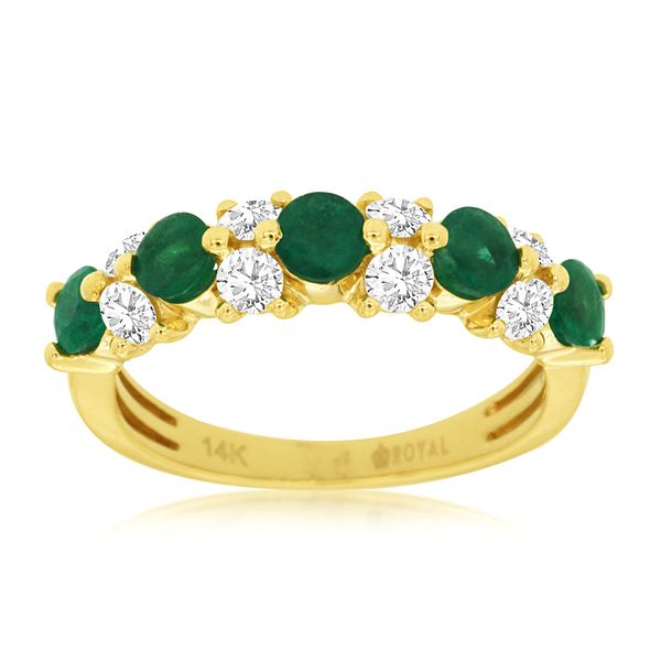 Love this beautiful band. Emerald is the birthstone for May. This beautiful 14 kt yellow gold band features 5 round emeralds 
