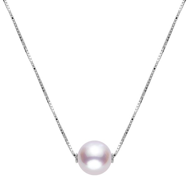  7-7.5 mm floating Akoya pearl on a 17 inch 14 kt white gold box chain. For further product description, inquire on this webs
