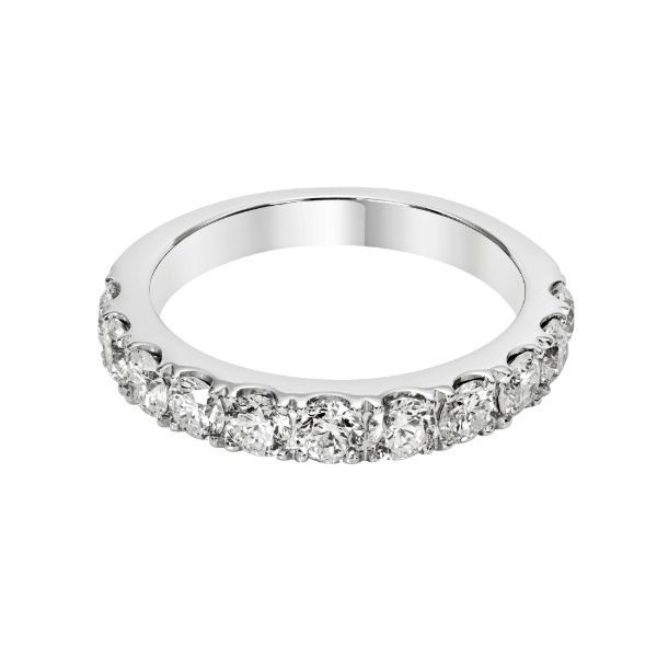 14 kt white gold diamond wedding band featuring 1.50 total diamond carat weight.  This band features 11 round VS2-SI1 F-G col