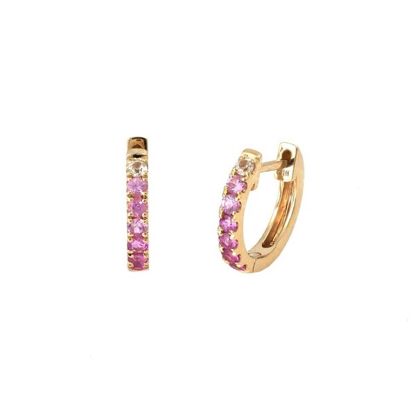 14 kt yellow gold 10.2 mm huggie hoop featuring 0.33 carat weight pink and white sapphire stones going approximately halfway 