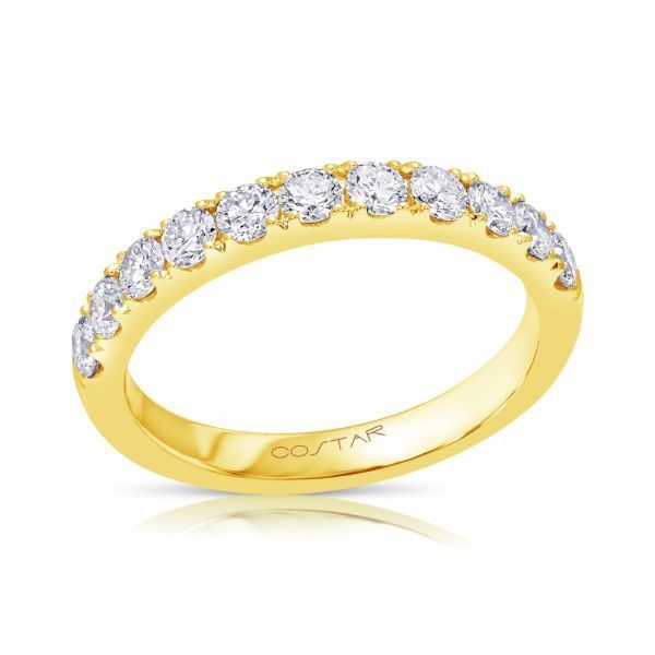 14K yellow gold wedding band with .75ct total diamond weight.  This ring features 11 round vs2-si1 f-g color diamonds. It can
