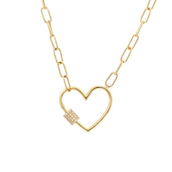  14 kt Yellow Gold Fashion Single Micro Pave Diamond Open Heart on a paperclip chain with a screw clasp. Open heart accented 