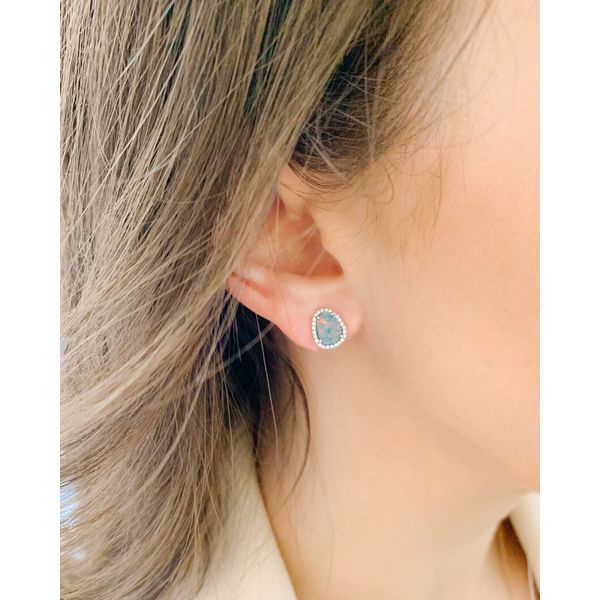Black opal stud earrings with diamond halo