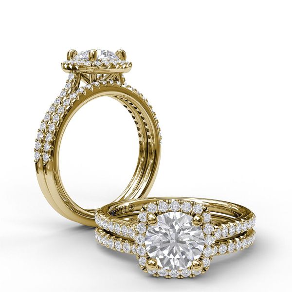 Yellow Gold Delicate Cushion Halo Engagement Ring With Pave Shank