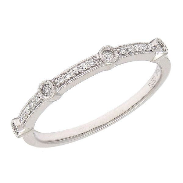 14 kt White Gold Diamond Band with a vintage flair. It is 0.07 total diamond weight. Please text 601-264-1764 for further pro