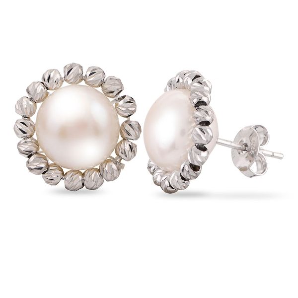 Sterling silver  9.5-10 mm white freshwater pearl earrings with brilliance silver beads surrounding the pearl.  For further d