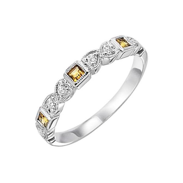 10KT White Gold & Diamond Citrine an Diamond Band.  This lovely stackable band features 4 princess cut diamonds totaling 0.13