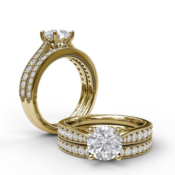 Yellow Gold Classic Diamond Engagement Ring with Detailed Milgrain Band