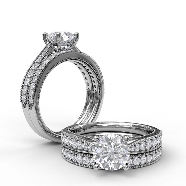 White Gold Classic Diamond Engagement Ring with Detailed Milgrain Band