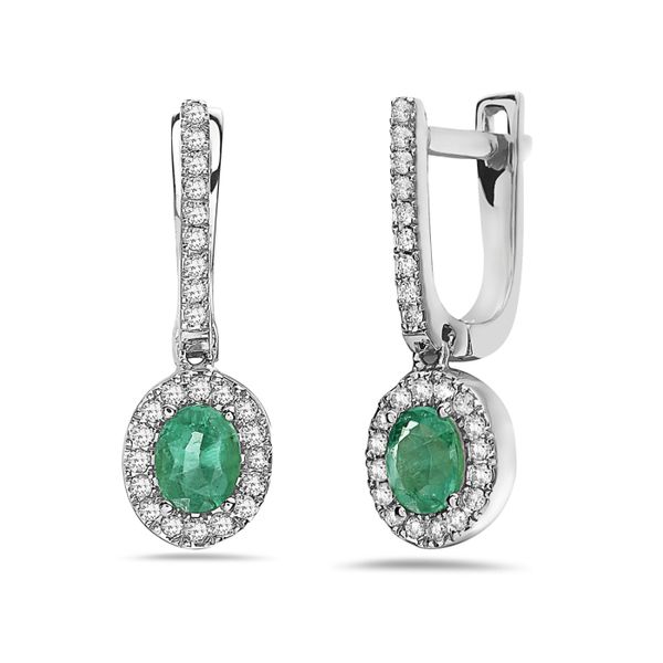 These May birthstone earrings are FABULOUS!!!   The 14 kt white gold dangles  feature a .45 oval emerald on each earring surr