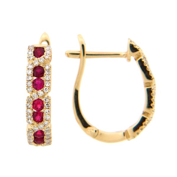 14 kt Yellow Gold Ruby and Diamond Hoop Earrings 