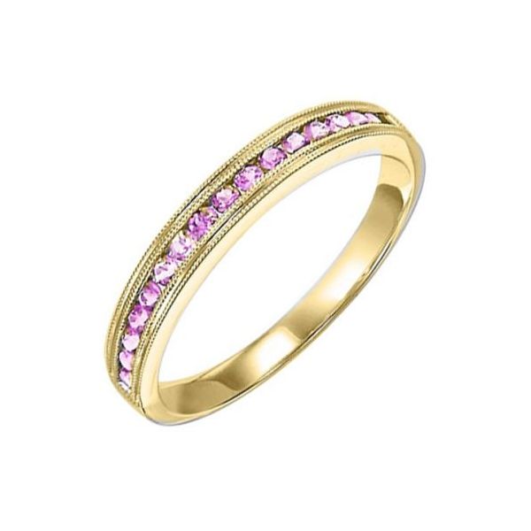 10K Yellow gold ring with .34 ct total weight channel set pink sapphires(17). This ring can be sized to fit.  This is a lovel