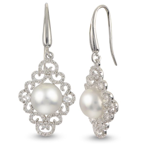 Sterling silver 9.5-10 mm button pearl earring with white topaz accents. For further description of this product, inquire on 