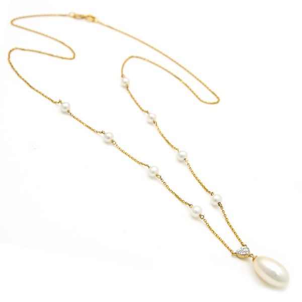 14 kt Yellow Gold Freshwater Pearl Station Necklace with Diamond Heart 