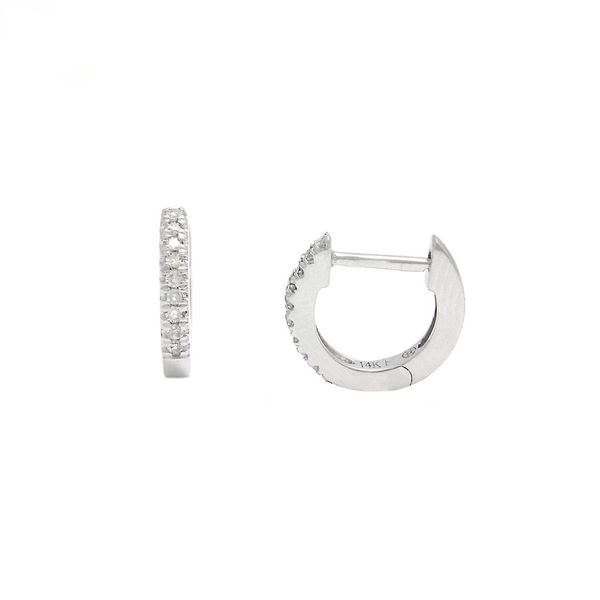 14 kt White Gold 8.6 mm Diamond Huggie Hoops featiring 0.06 carat total diamond weight. Please text 601-264-1764 for further 