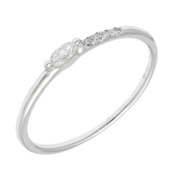 14 kt White Gold Diamond band Featuring an east-west set marquise diamond and other round stone. This ring has 0.08 total dia