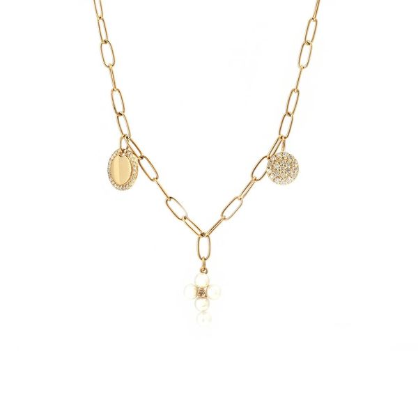 14 kt Yellow Gold 18 inch Paperclip Necklace featuring 2 round disc diamond charms and a pearl cross charm at various station