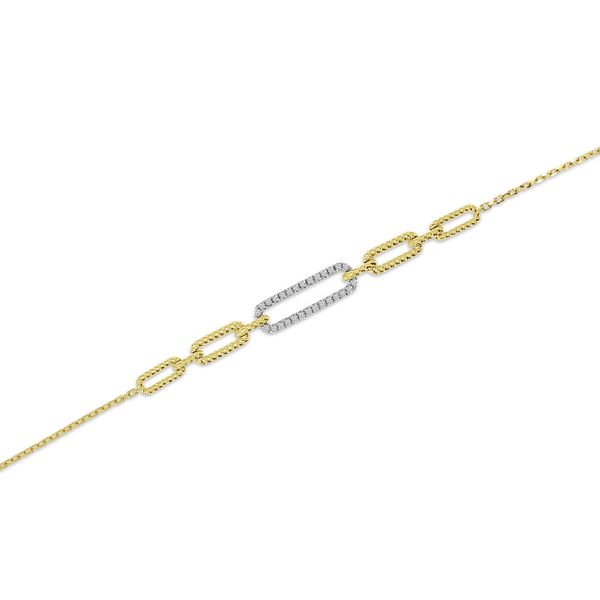 This 14K Yellow Gold Diamond Paperclip Chain Bracelet is approximately 7.5 inches in length and features 0.17 total diamond c