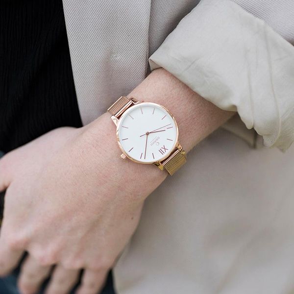 The Liv Rose is inspired by the classic Scandinavian design thinking with a rose gold coated stainless steel mesh bracelet an