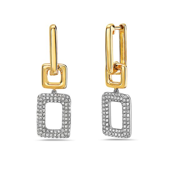 We love these modern-style earrings. Bright 14 kt yellow gold on the top two pieces( rectangle/square) and the bottom white g