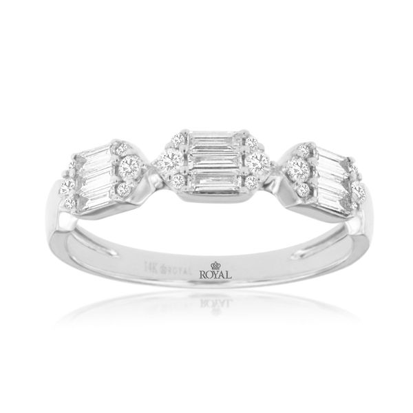This unique band is made up of baguette and round diamonds.  It is set in 14 kt white gold with .40 carat total diamond weigh