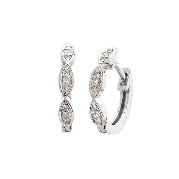  14 kt white Gold Hoop Single Prong Diamond Earrings Diamond carat weight 0.07. These earrings are 11.2 Mm in size. For more 