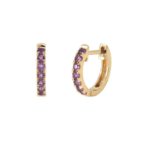 14 kt yellow gold 10.2 mm huggie hoop featuring 0.21 carat weight amethyst stones going approximately halfway around the fron