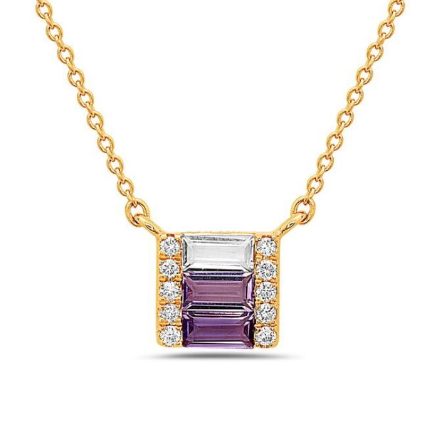 We love this unique necklace!!  Ombre everything is on trend!!  This 14 kt yellow gold .18 carat  TGW baguette amethyst (set 