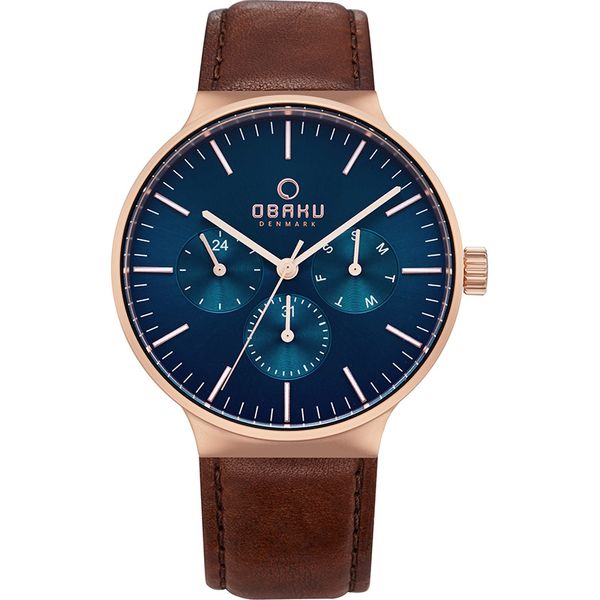 The rose gold case and dark brown leather strap gives this watch a classy appeal. With a stunning deep blue dial, this watch 