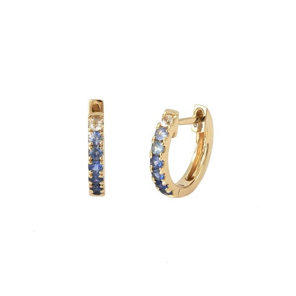 14 kt yellow gold 10.2 mm huggie hoop featuring 0.33 carat weight blue and white sapphire stones going approximately halfway 