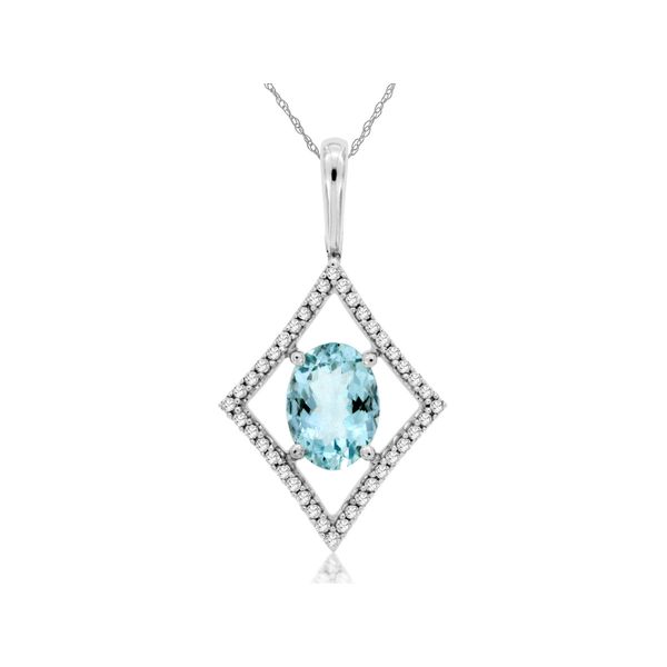 Enjoy this geometric-shaped pendant with a beautiful 1.10 oval aquamarine in the center. This lovely pendant also features .1