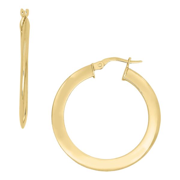 14k yellow gold flat circle hoop 25 mm (small) earrings. For further product details, inquire on this website or text 601-264