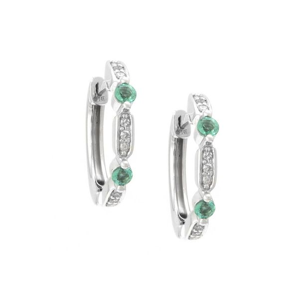 14 kt  white gold fashion round prong emerald earrings and diamond small hoop earrings.  Total diamond weight is 0.10  Total 