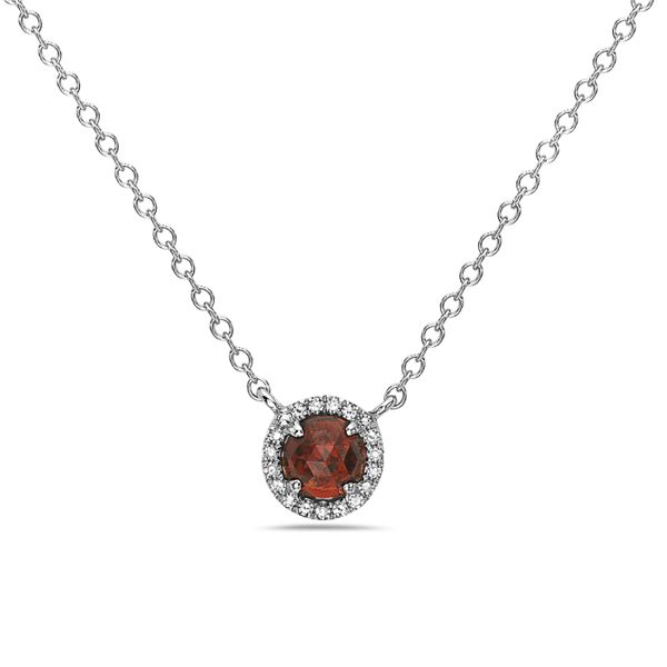 Such a beauty!! This 14 kt white gold 18 inch necklace features a beautiful .31 carat round garnet surrounded by 19 round dia