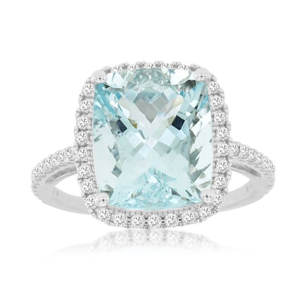 These ring is absolutely STUNNING!  14 kt white gold with a 5.30 carat cushion-shaped aquamarine stone surrounded by a halo o