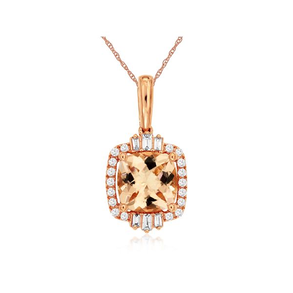 Such a gorgeous morganite and diamond necklace. This 14 kt rose gold necklace features a 2 carat cushion cut morganite stone 
