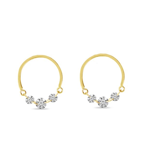 14K Yellow Gold Dashing 0.36 carat total weight Diamond Half Circle Front Hoop Earrings.  These earrings weigh 0.7 grams of g