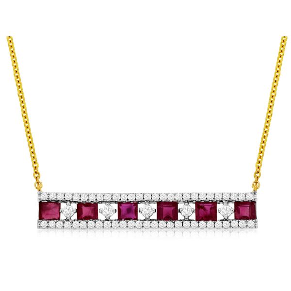 14 kt Yellow Gold Ruby and Diamond Bar Necklace 