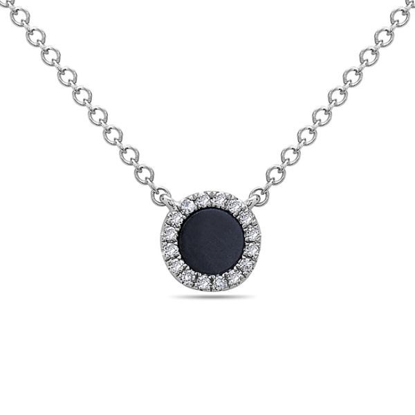 Such a pretty necklace. This 18 inch white gold .15 carat round black onyx pendant is surrounded by 0.04 carats of round diam