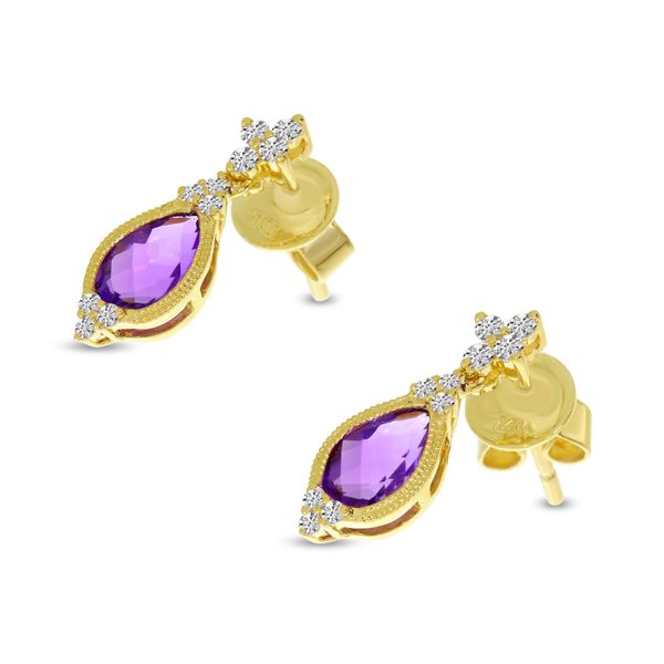 The pear-shaped amethyst measure 7x4 mm and are accented with 0.12 total diamond carat weight.  The 14 kt yellow gold weighs 
